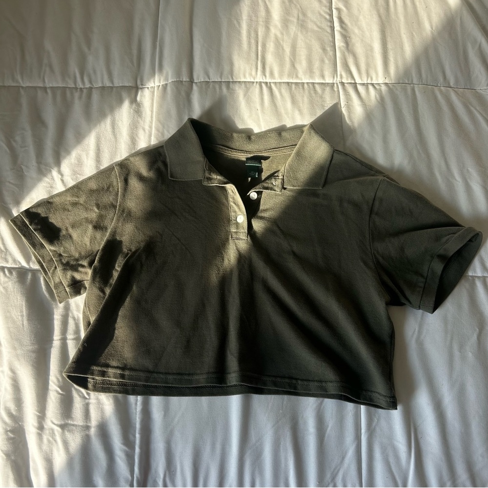 Green cropped collared t-shirt. The brand is Wild Fable from Target.